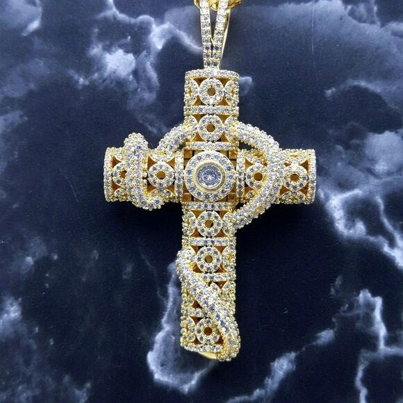 18"Cuban Chain + 14K Gold Finish Serpent Cross - Picture 2 of 12